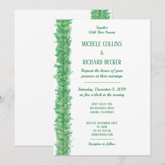 Invitación Boda con borde botánico verde chic (Anverso / Reverso)