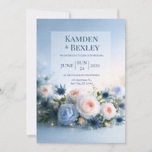 Invitación Boda con Borde de Brillo Floral Azul