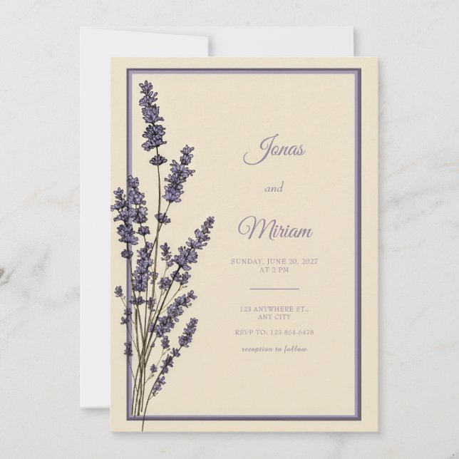 Invitación Boda con borde de crema de lavanda grabada vintage (Anverso)