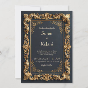 Invitación Boda con borde de filigrana dorada de medianoche