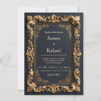 Invitación Boda con borde de filigrana dorada de medianoche