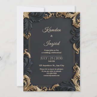 Invitación Boda con borde de filigrana dorada de medianoche
