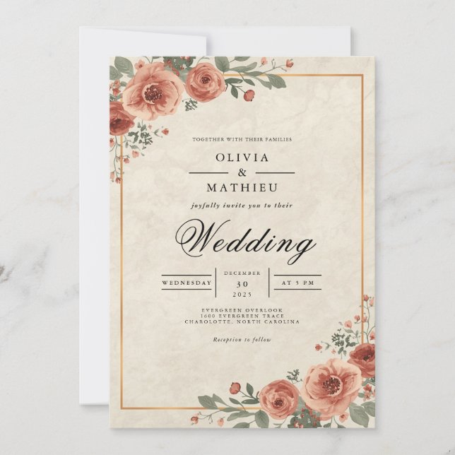 Invitación Boda con borde de flor de amargenta rosa (Anverso)