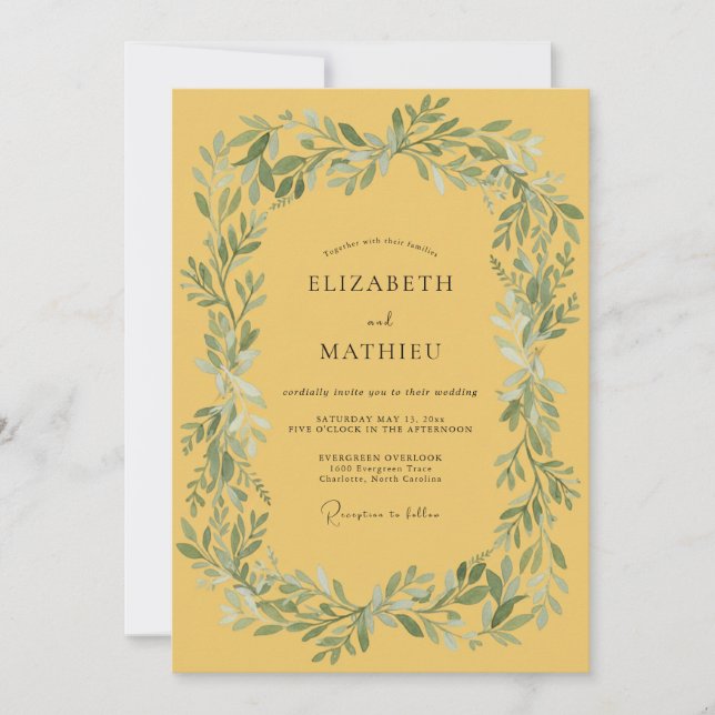 Invitación Boda con borde de hoja verde amarillento (Anverso)