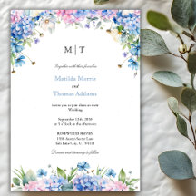 Boda con borde de Hortensia Azul Elegante Monogram
