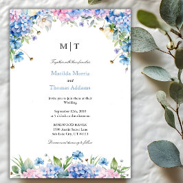 Invitación Boda con borde de Hortensia Azul Elegante Monogram
