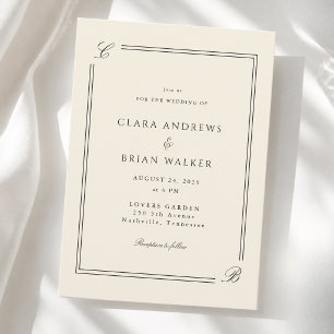 Invitación Boda con borde de marfil de monograma elegante