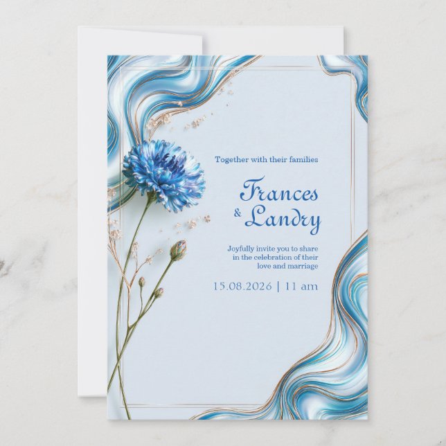 Invitación Boda con borde de mármol de aciano azul (Anverso)