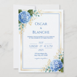 Invitación Boda con Borde de Oro y Hortensia Azul