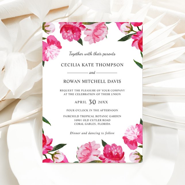 Invitación Boda con borde de peonía acuarela rosa vibrante (Subido por el creador)
