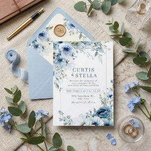 Invitación Boda con Borde de Rosa Azul Acuarela Índigo Profun