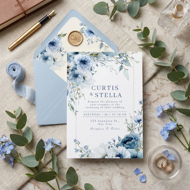 Invitación Boda con Borde de Rosa Azul Acuarela Índigo Profun (Subido por el creador)