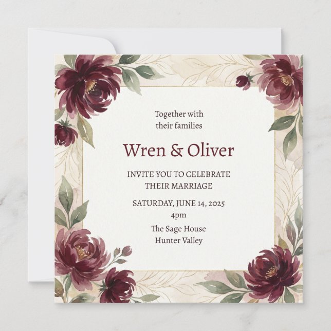 Invitación Boda con borde de rosa borgoña (Anverso)