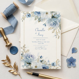 Invitación Boda con Borde de Rosa Dorada y Aquarela Azul Piza