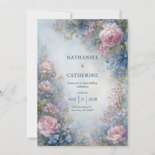 Invitación Boda con Borde de Rosa Etérea Azul Brumoso