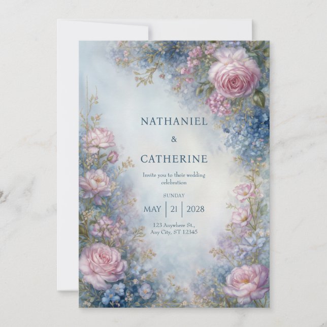 Invitación Boda con Borde de Rosa Etérea Azul Brumoso (Anverso)