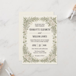 Invitación Boda con borde de rosa oliva marfil