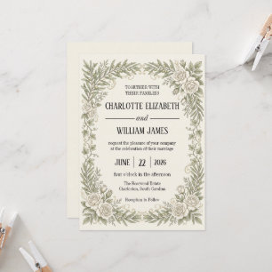 Invitación Boda con borde de rosa oliva marfil
