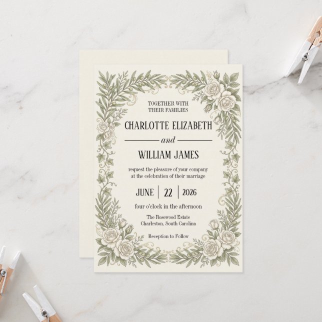 Invitación Boda con borde de rosa oliva marfil (Anverso/Reverso In Situ)
