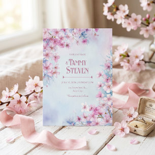 Invitación Boda con Borde de Sakura en Acuarela Rosa Lavanda