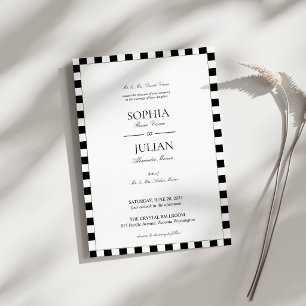 Invitación Boda con borde de tablero de ajedrez negro y blanc