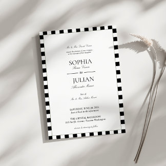 Invitación Boda con borde de tablero de ajedrez negro y blanc