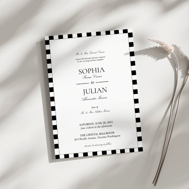 Invitación Boda con borde de tablero de ajedrez negro y blanc (Subido por el creador)