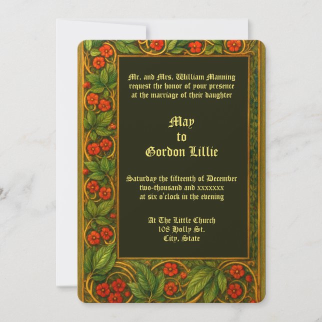 Invitación Boda con borde de viña floral roja (Anverso)