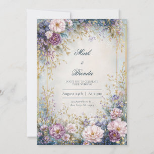 Invitación Boda con Borde Dorado Índigo Lavanda Brillante