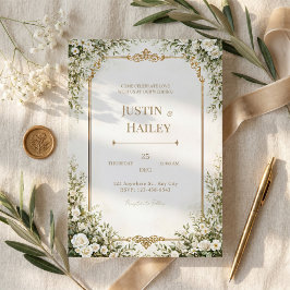 Invitación Boda con Borde Dorado Ornamentado Rosa de Marfil
