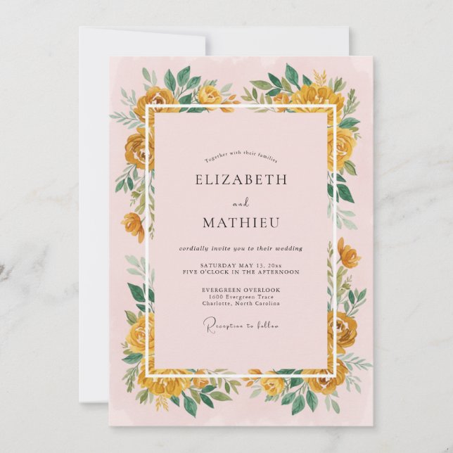 Invitación Boda con borde floral ámbar (Anverso)