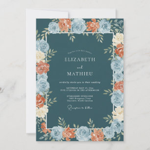 Invitación Boda con borde floral azul verdoso
