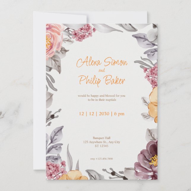 Invitación Boda con borde floral blanco y rosa (Anverso)