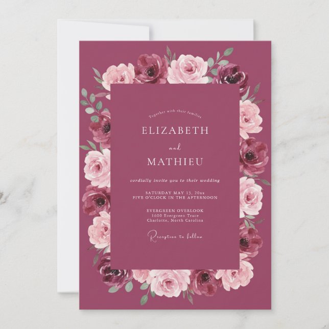 Invitación Boda con borde floral de Borgoña (Anverso)