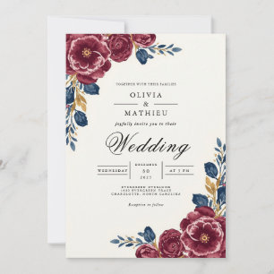 Invitación Boda con borde floral de ciruela profunda