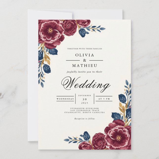 Invitación Boda con borde floral de ciruela profunda (Anverso)