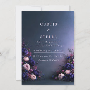 Invitación Boda con borde floral índigo de medianoche
