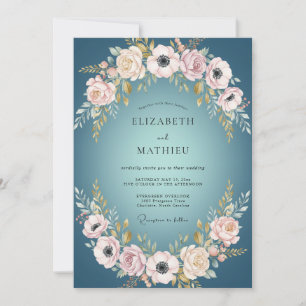 Invitación Boda con borde floral luminoso en azul verde