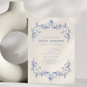 Invitación Boda con borde floral vintage azul para RSVP en si