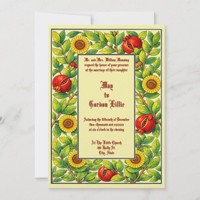 Invitación Boda con borde floral y de fruta de granada (Anverso)
