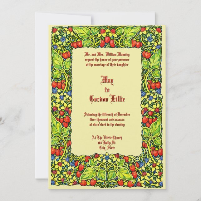 Invitación Boda con borde floral y de frutas de fresas (Anverso)