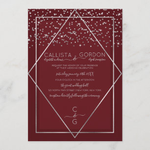 Invitación Boda con Borde Geo de Confeti Rojo Burdeos y Plata