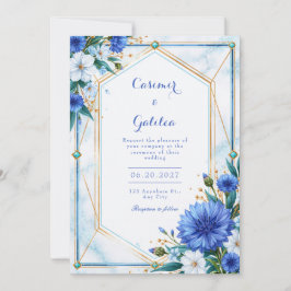 Invitación Boda con borde geométrico de aciano azul