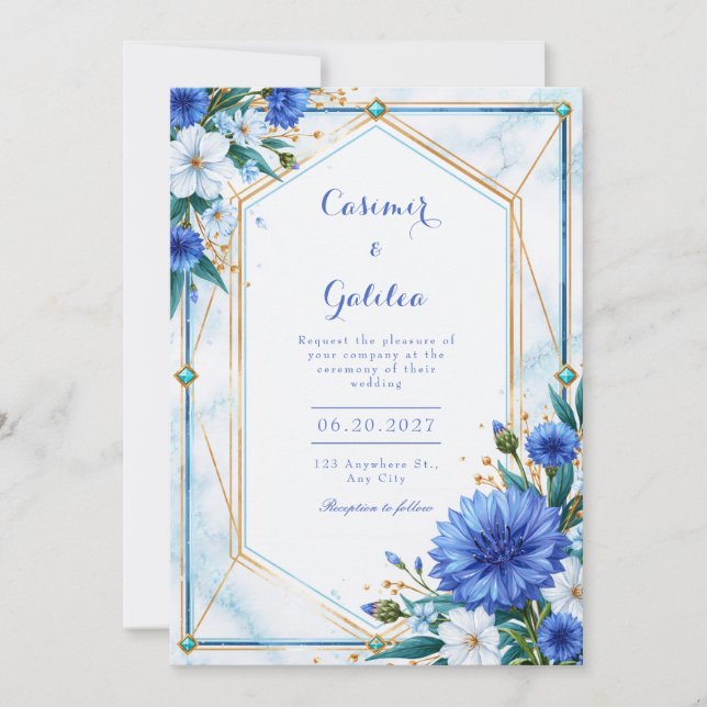 Invitación Boda con borde geométrico de aciano azul (Anverso)