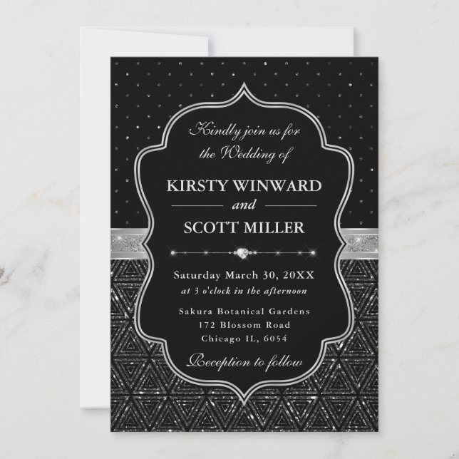Invitación Boda con brillo Art Déco negro y plateado (Anverso)