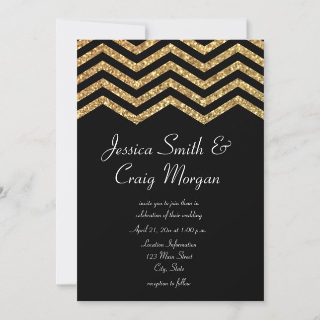 Invitación Boda con brillo de oro falso y Chevron negro (Anverso)