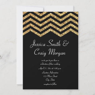 Invitación Boda con brillo de oro falso y Chevron negro