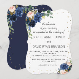 Invitación Boda con Brillo Dorado Floral Azul Marino Rubor
