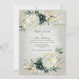 Invitación Boda con Brillo Floral Acuarela Verde Blanco