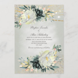 Invitación Boda con Brillo Floral Acuarela Verde Blanco